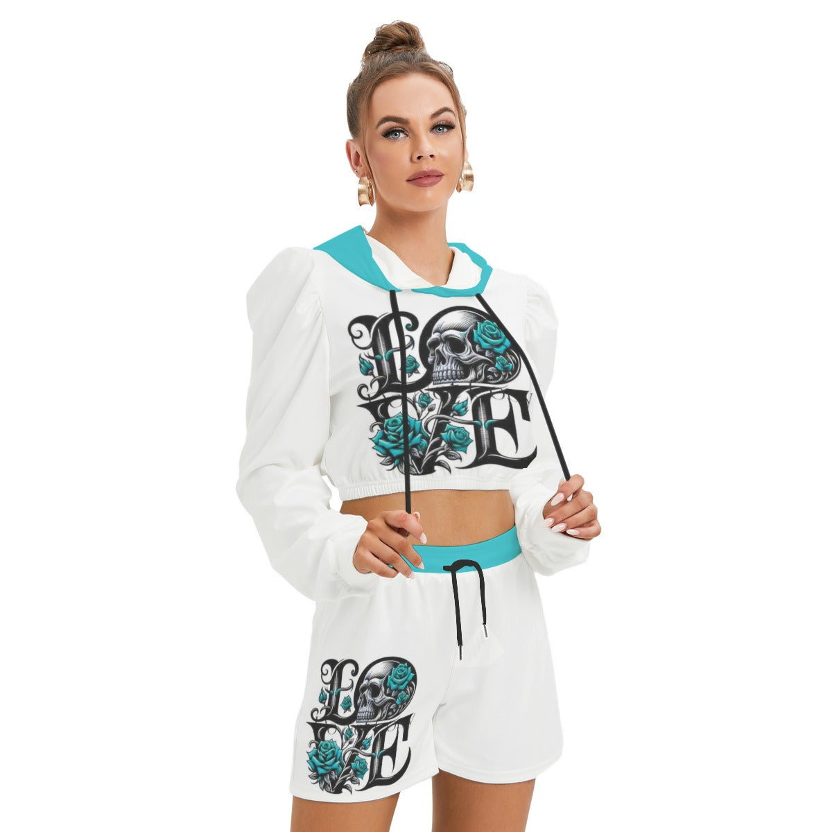 Love With Skull & Roses Women's Micro Fleece Hoodie And Shorts Set
