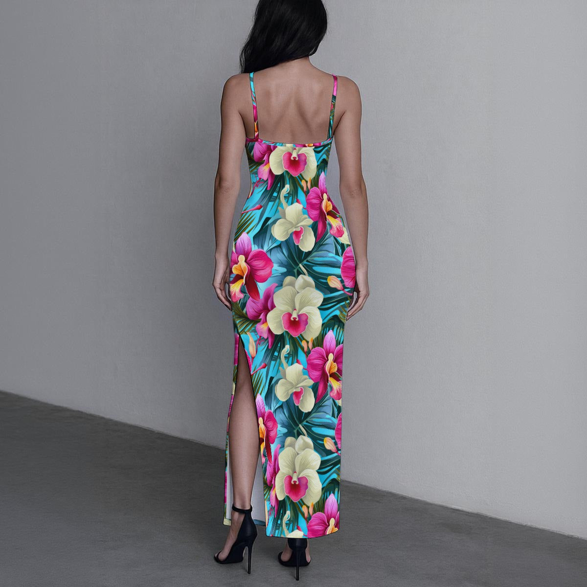 Women's Exotic Orchid Flowers Long Dress with Slit