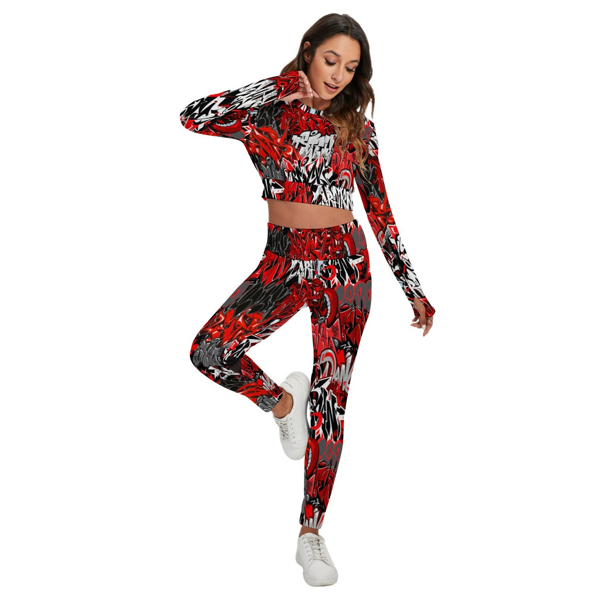 Graffiti Style Women's Sport Set With Backless Top And Leggings