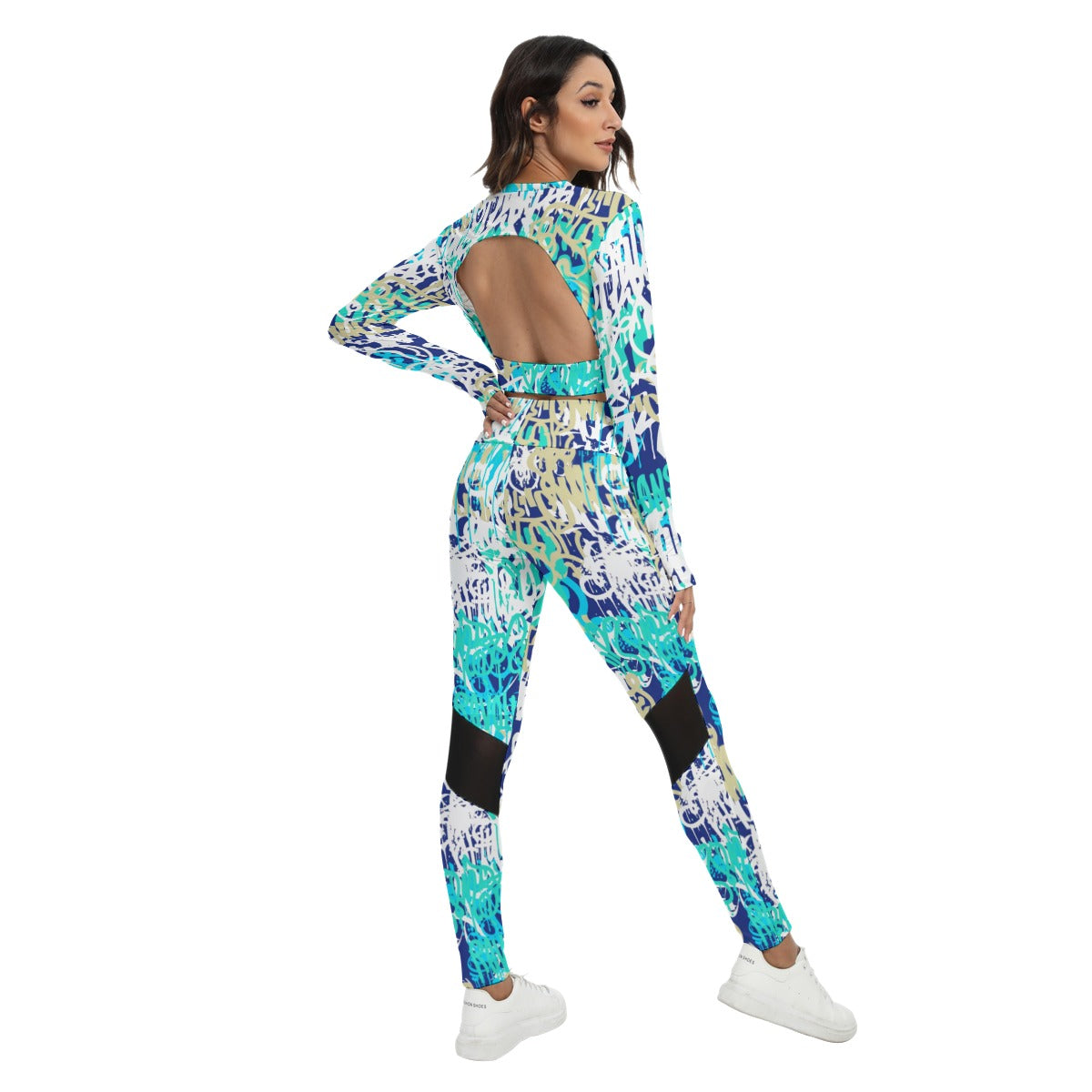 Graffiti Style Women's Sport Set With Backless Top And Leggings