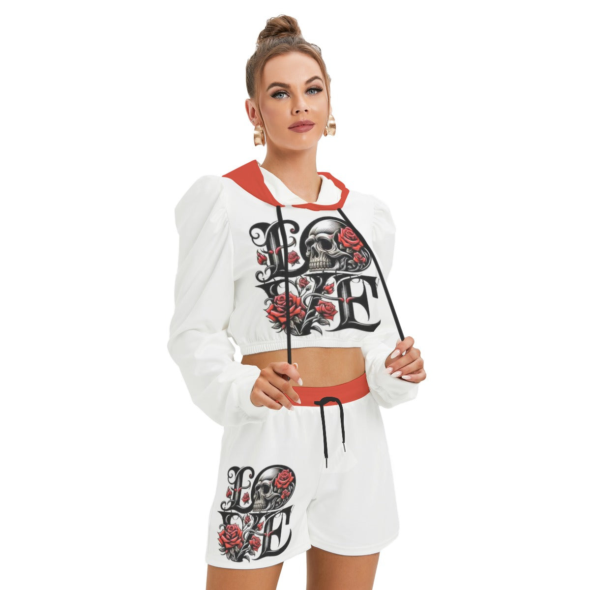 Love With Skull & Roses Women's Micro Fleece Hoodie And Shorts Set