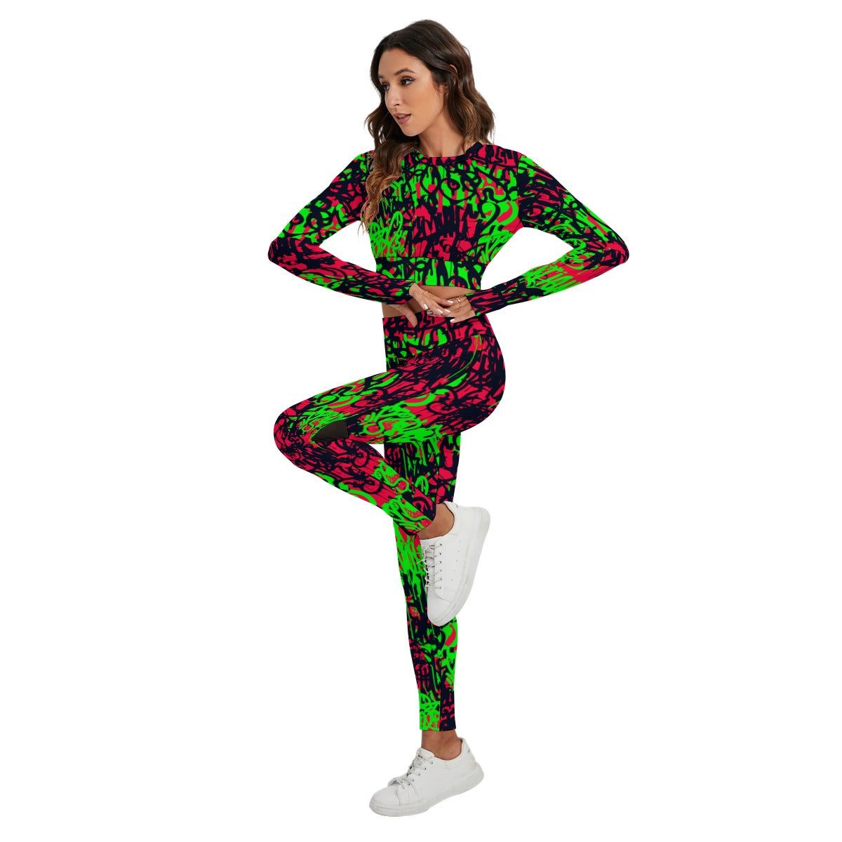 Graffiti Style Women's Sport Set With Backless Top And Leggings