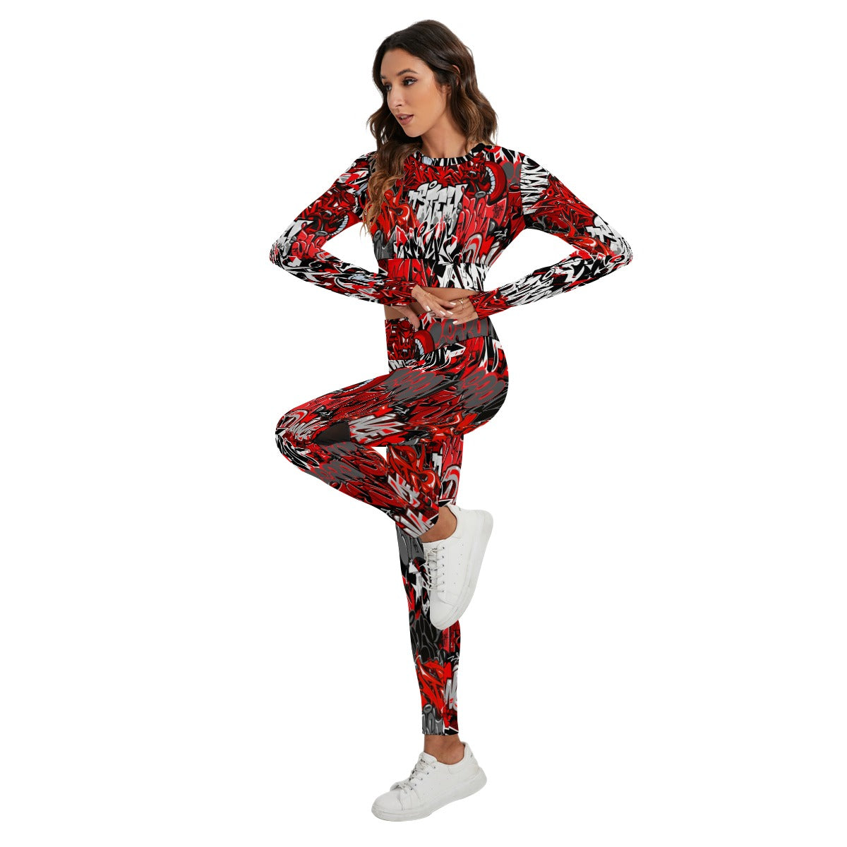Graffiti Style Women's Sport Set With Backless Top And Leggings