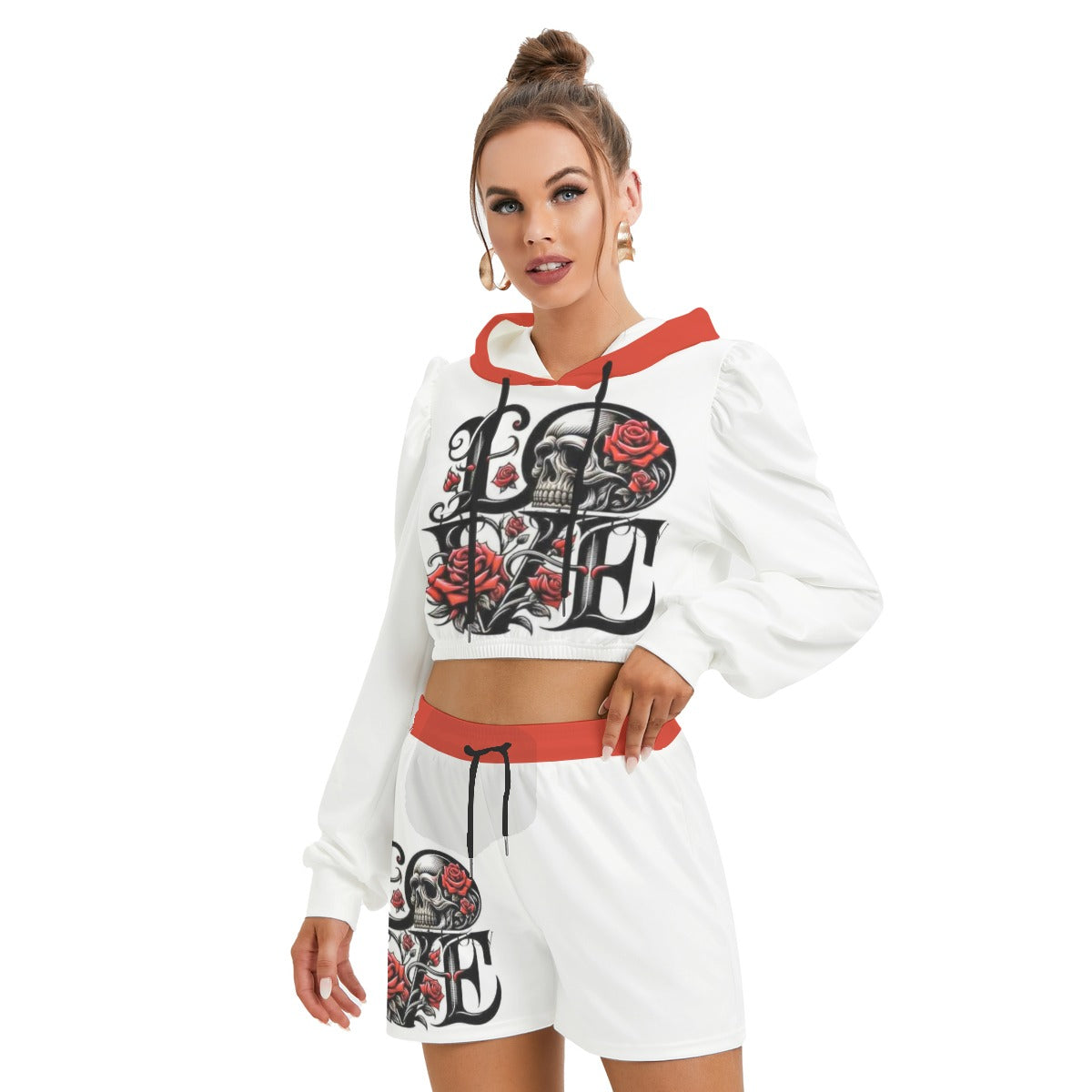 Love With Skull & Roses Women's Micro Fleece Hoodie And Shorts Set