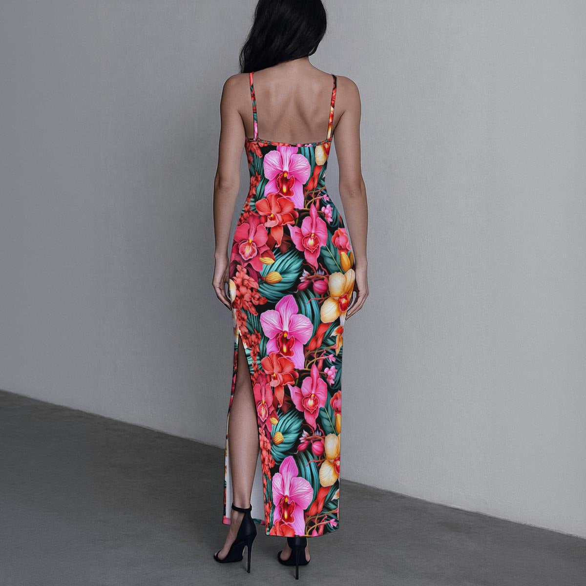 Women's Exotic Orchid Flowers Long Dress with Slit