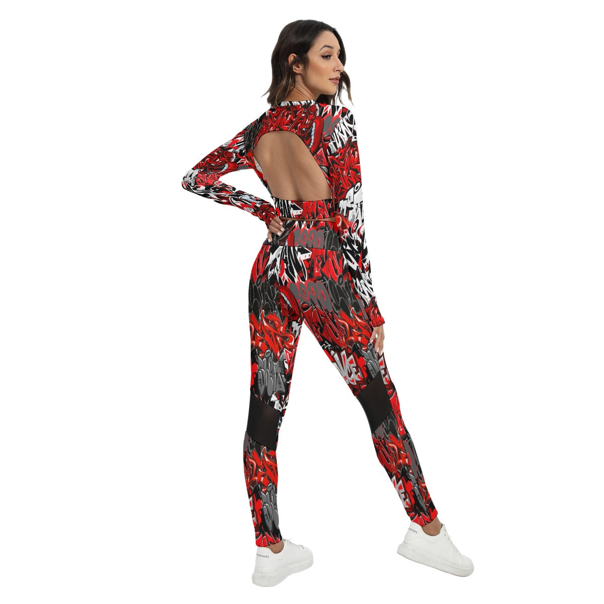 Graffiti Style Women's Sport Set With Backless Top And Leggings