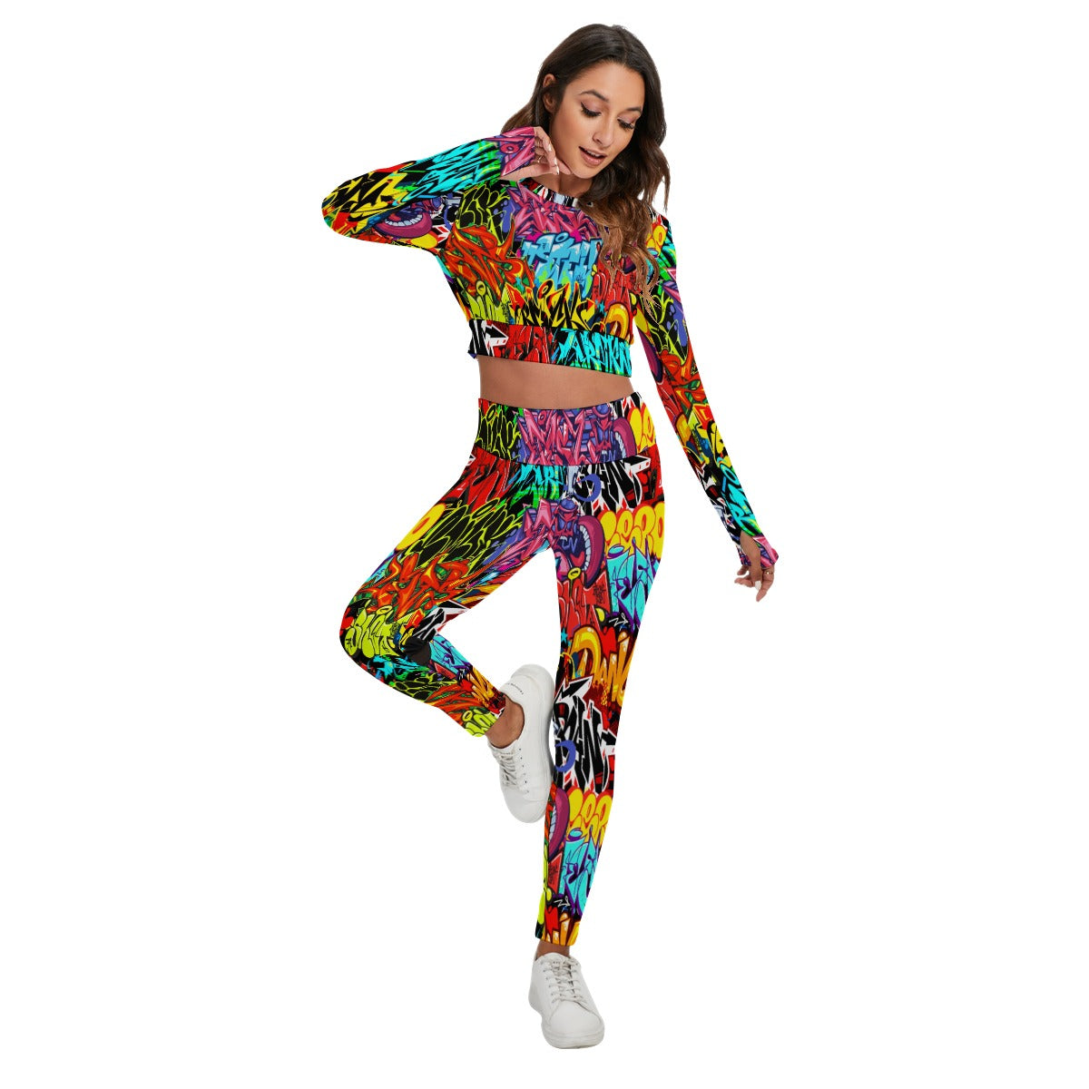 Graffiti Style Women's Sport Set With Backless Top And Leggings