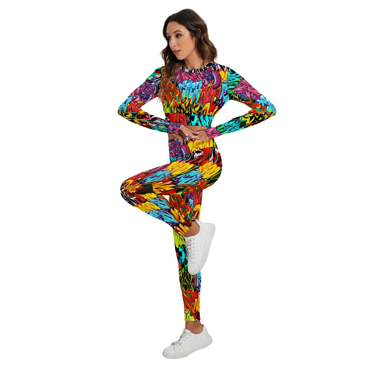 Graffiti Style Women's Sport Set With Backless Top And Leggings