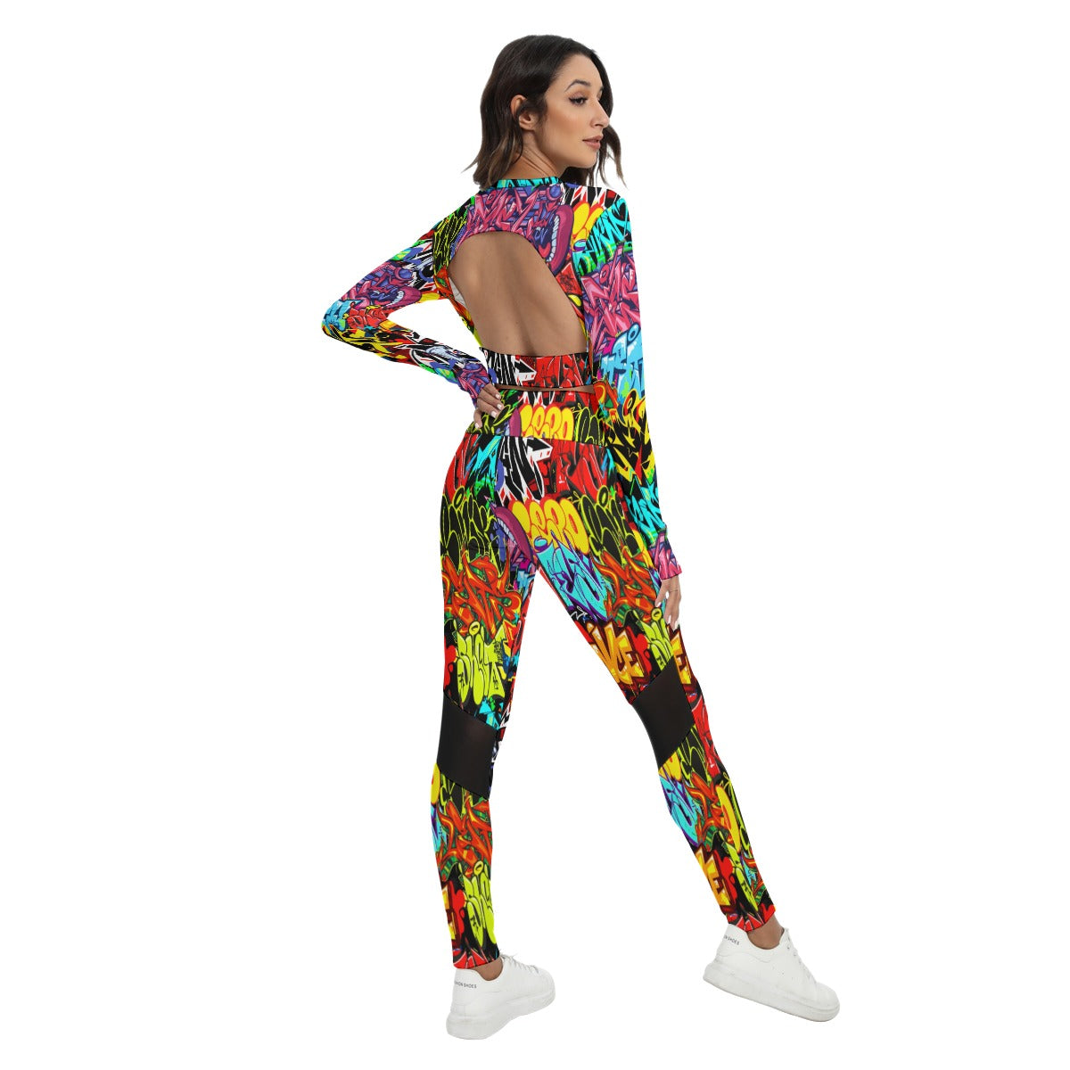 Graffiti Style Women's Sport Set With Backless Top And Leggings