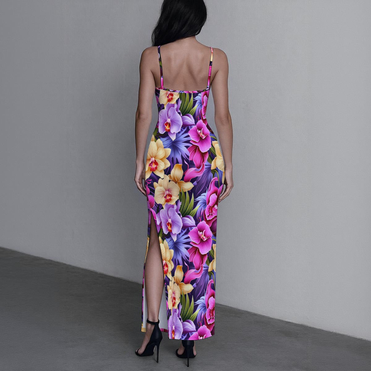 Women's Exotic Orchid Flowers Long Dress with Slit