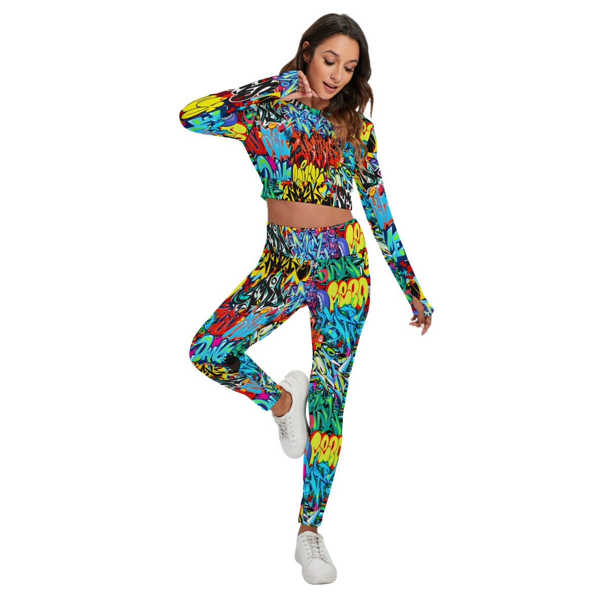 Graffiti Style Women's Sport Set With Backless Top And Leggings
