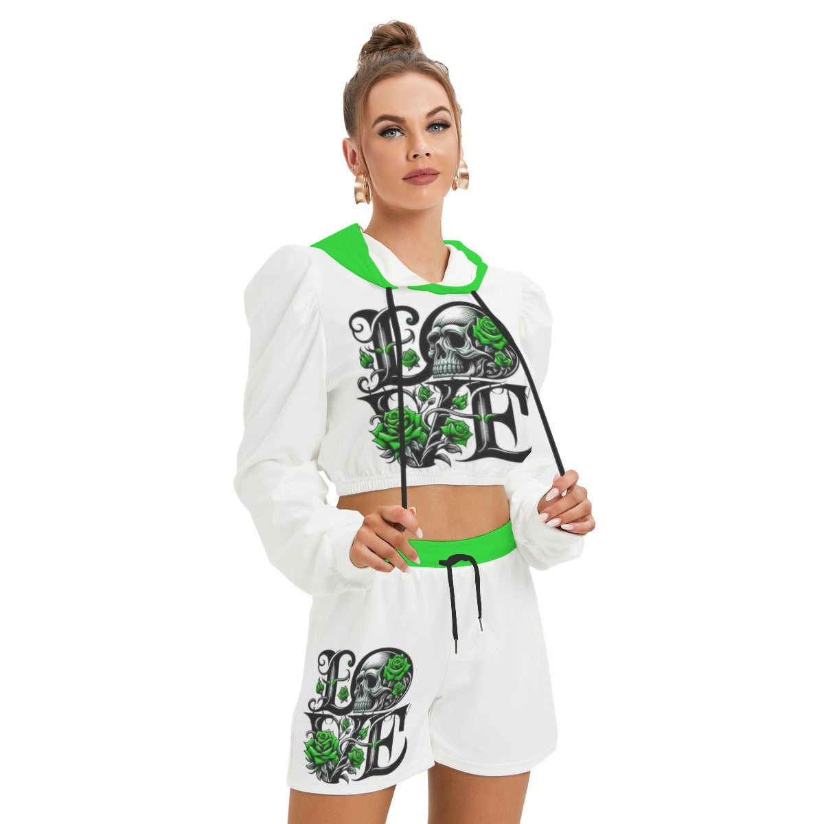 Love With Skull & Roses Women's Micro Fleece Hoodie And Shorts Set