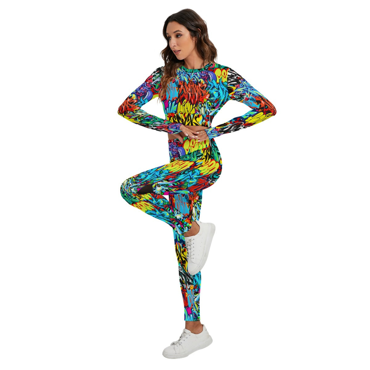 Graffiti Style Women's Sport Set With Backless Top And Leggings