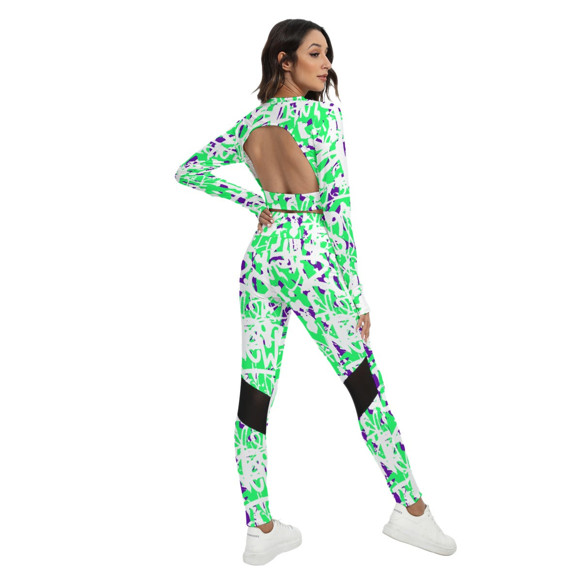 Graffiti Style Women's Sport Set With Backless Top And Leggings