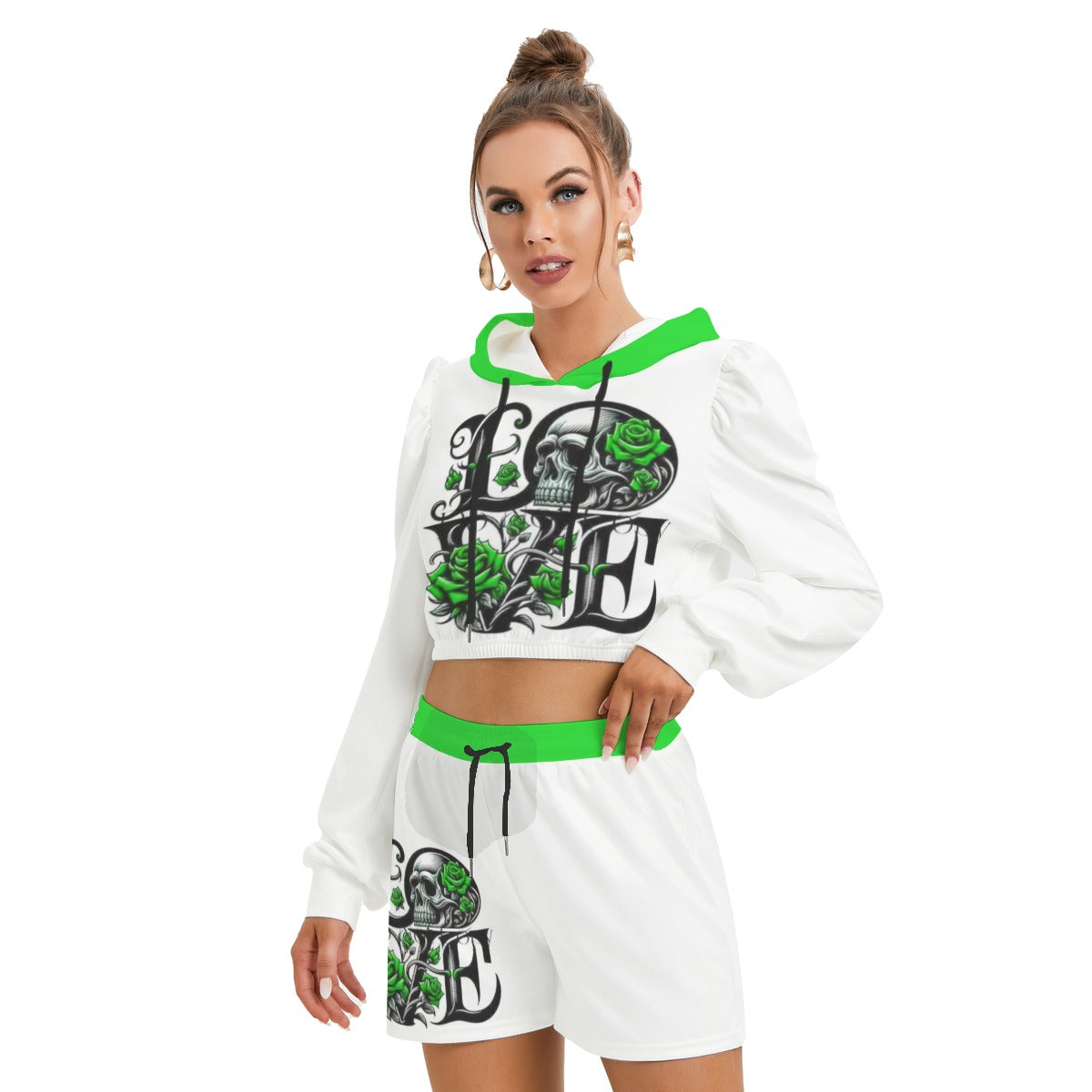Love With Skull & Roses Women's Micro Fleece Hoodie And Shorts Set