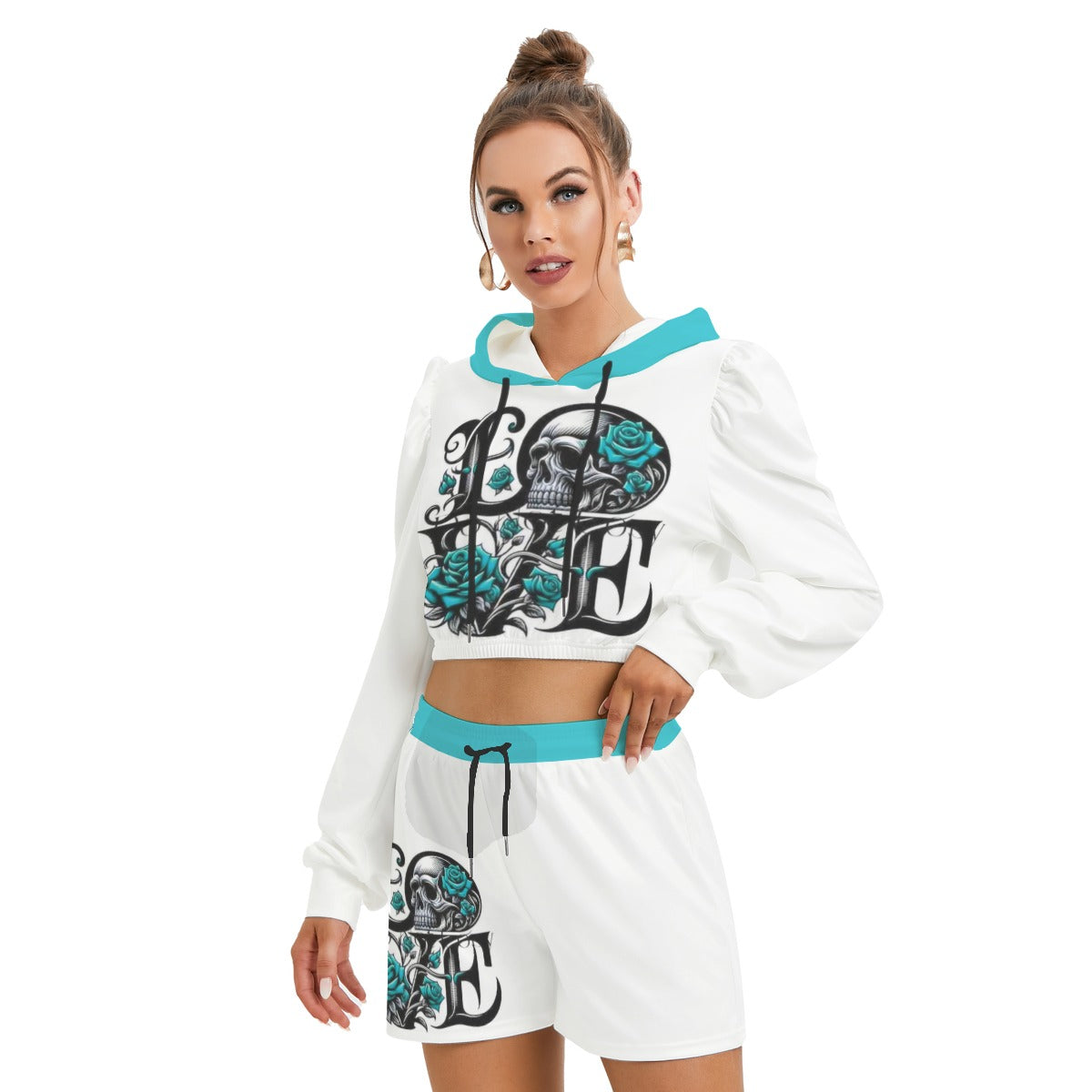 Love With Skull & Roses Women's Micro Fleece Hoodie And Shorts Set