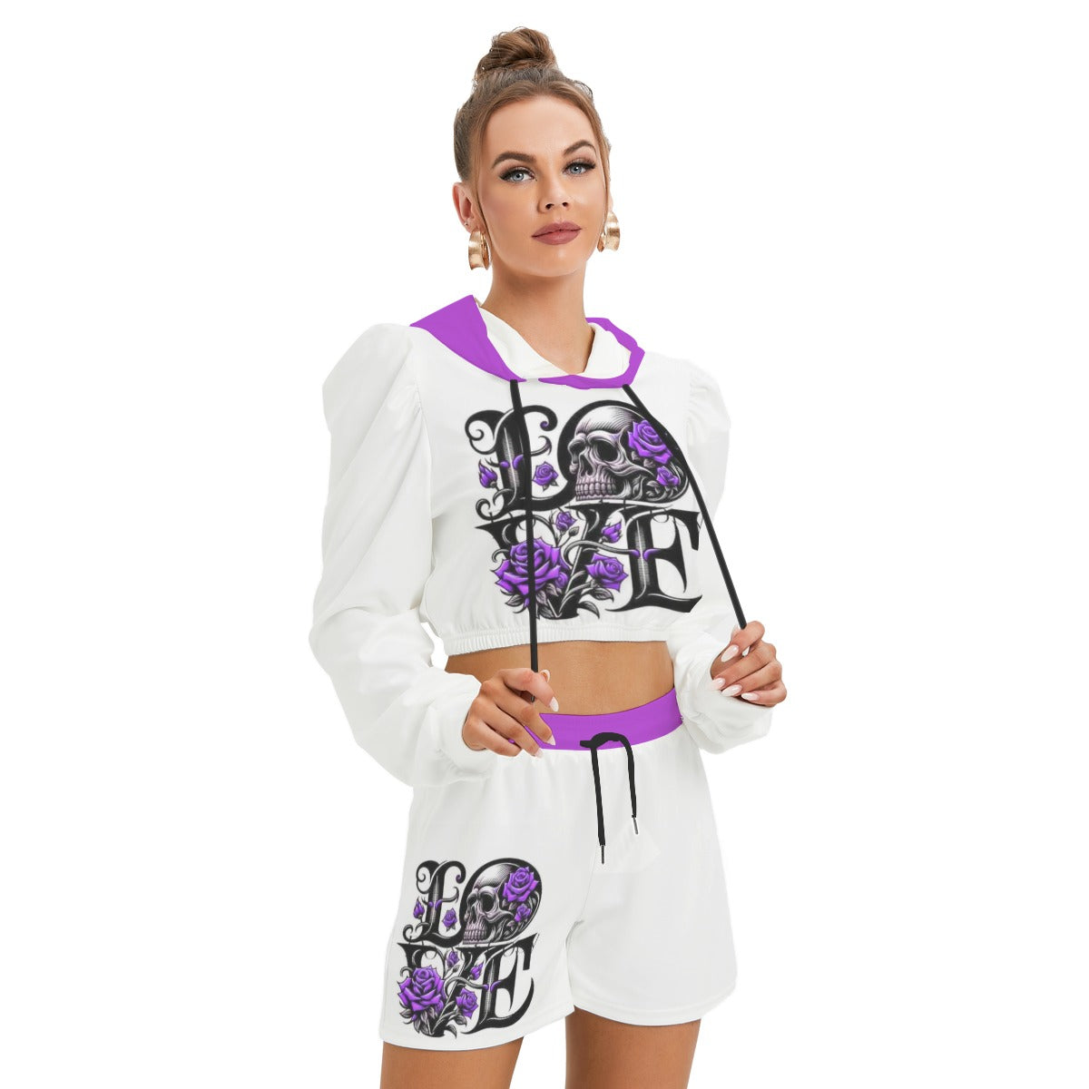 Love With Skull & Roses Women's Micro Fleece Hoodie And Shorts Set