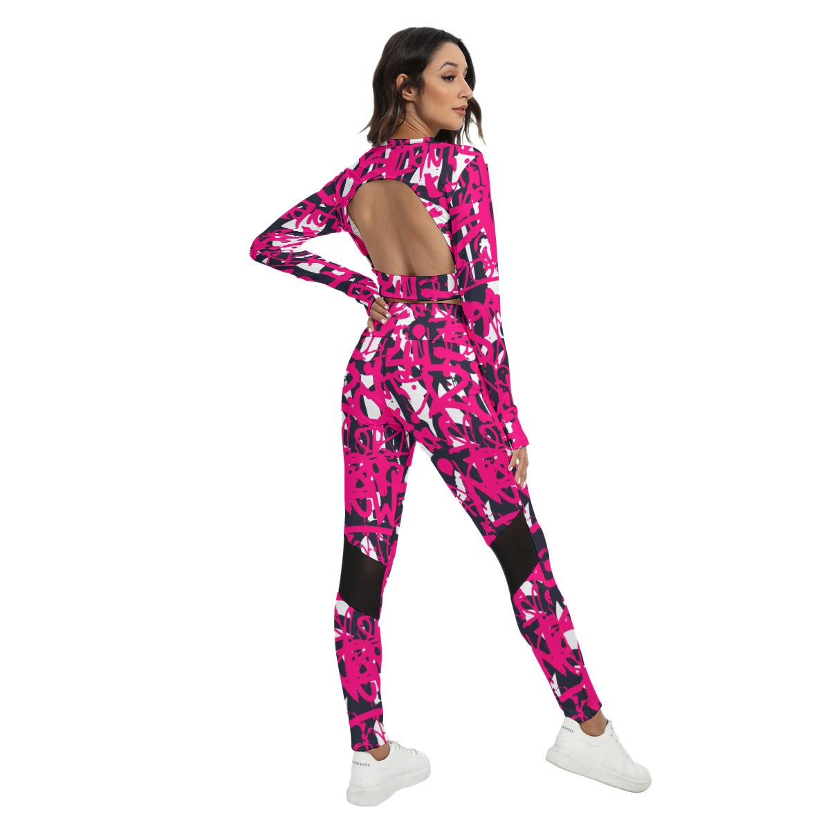 Graffiti Style Women's Sport Set With Backless Top And Leggings