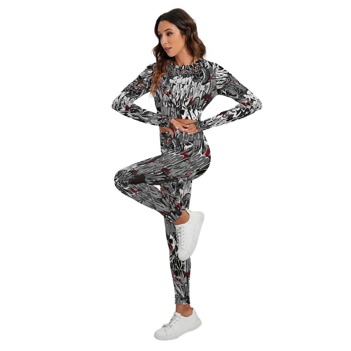 Graffiti Style Women's Sport Set With Backless Top And Leggings