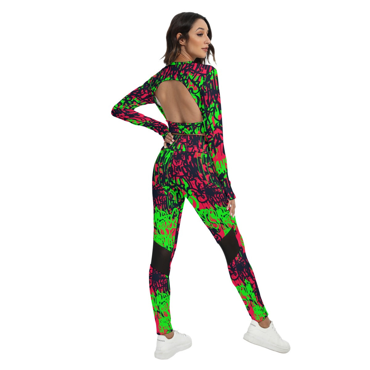 Graffiti Style Women's Sport Set With Backless Top And Leggings