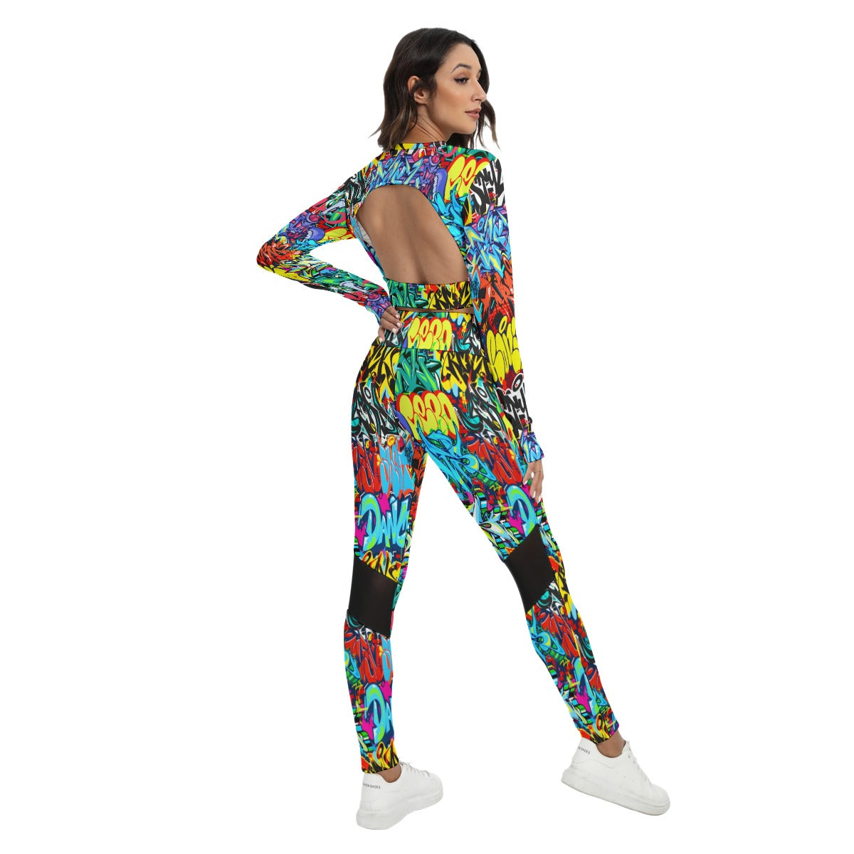 Graffiti Style Women's Sport Set With Backless Top And Leggings