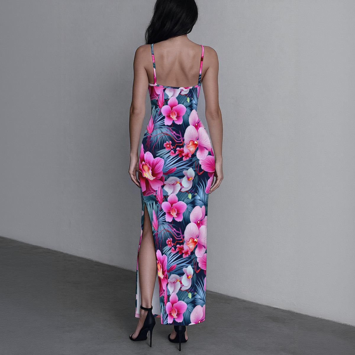 Women's Exotic Orchid Flowers Long Dress with Slit