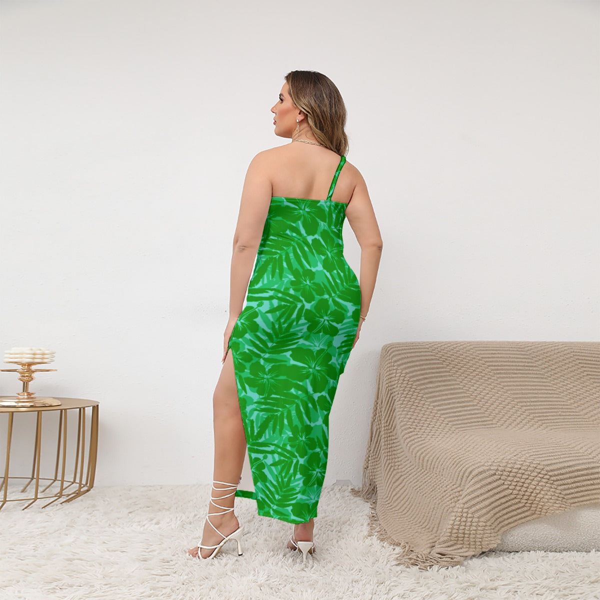 Women's Beach Vibes Oblique-Shoulder Exposure Dress With Side Split (Plus Size)