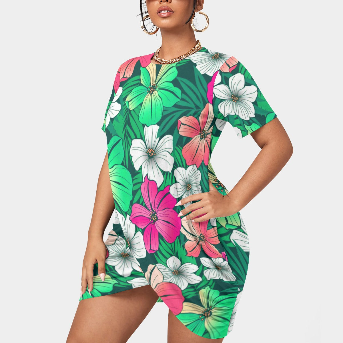 Women’s Tropical Summer Stacked Hem Dress With Short Sleeve(Plus Size)