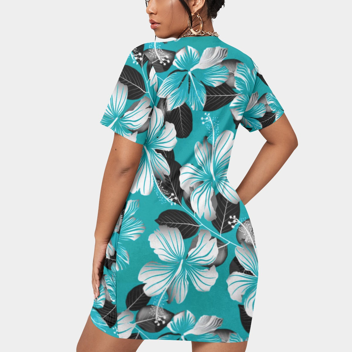 Women’s Tropic Style Stacked Hem Dress With Short Sleeve(Plus Size)