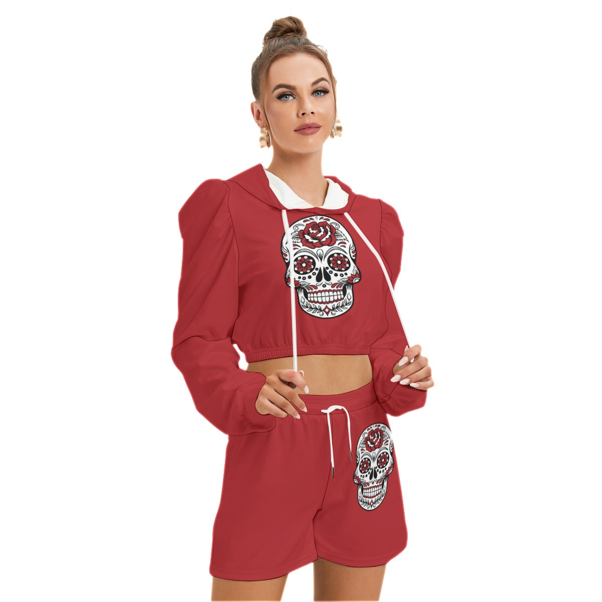 Sugar Skull Red Women's Micro Fleece Hoodie And Shorts Set