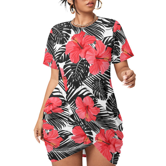 Tropic Flowers Women’s Stacked Hem Dress With Short Sleeve(Plus Size)