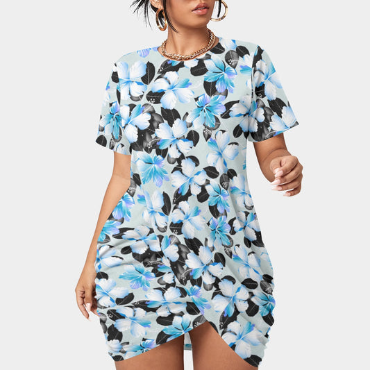 Women’s Tropic Style Stacked Hem Dress With Short Sleeve(Plus Size)
