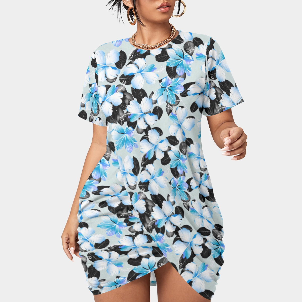 Women’s Tropic Style Stacked Hem Dress With Short Sleeve(Plus Size)