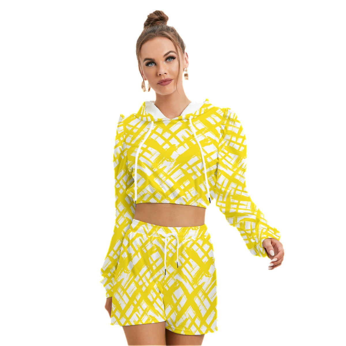 Yellow Stripes & Crosses Women's Micro Fleece Hoodie And Shorts Set
