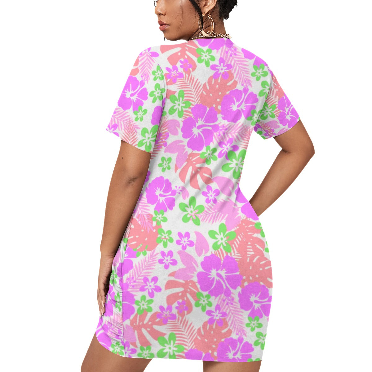 Tropical Hawaiian Flowers Women’s Stacked Hem Dress With Short Sleeve(Plus Size)
