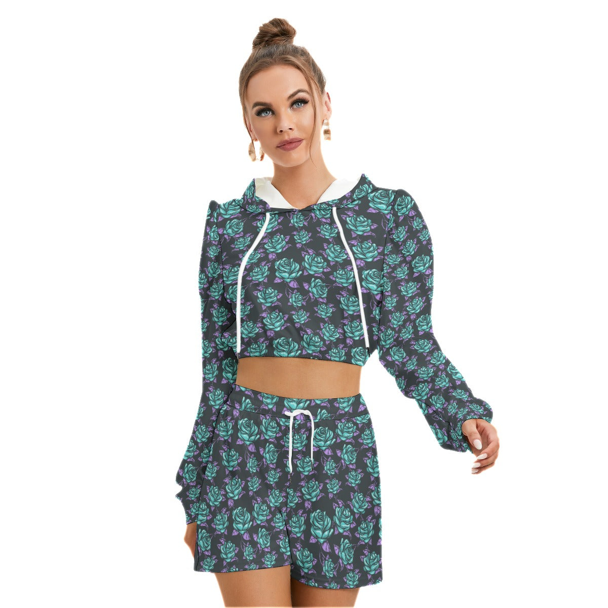 Teal Roses Women's Micro Fleece Hoodie And Shorts Set