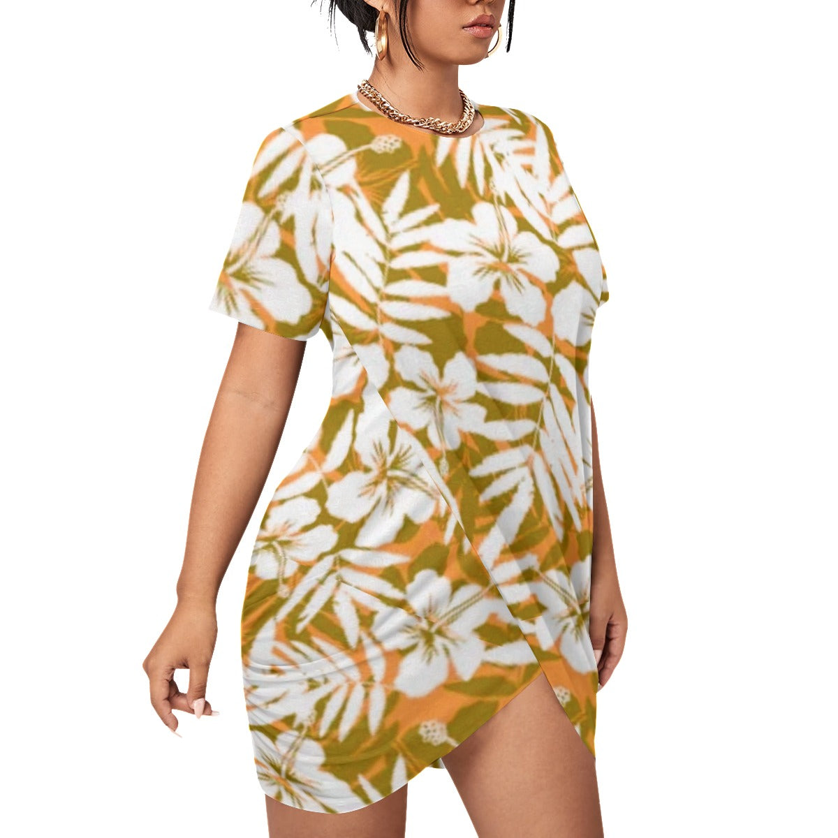 Orange Tropical Flowers Women’s Stacked Hem Dress With Short Sleeve (Plus Size)