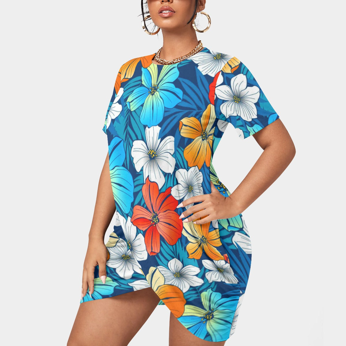 Women’s Tropical Summer Stacked Hem Dress With Short Sleeve(Plus Size)