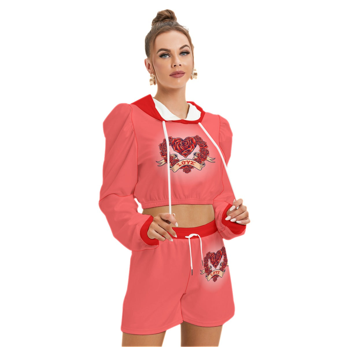 Red Heart With Roses Women's Micro Fleece Hoodie And Shorts Set