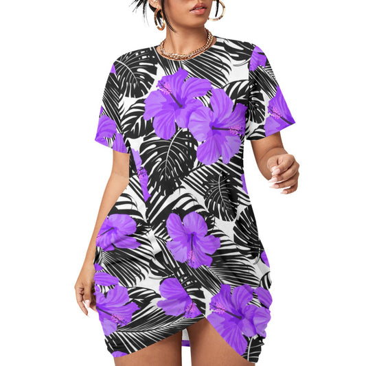 Tropic Flowers Women’s Stacked Hem Dress With Short Sleeve(Plus Size)
