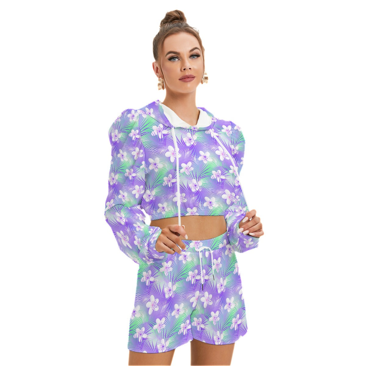 Tropical Frangipani Hibiscus With Palms Women's Micro Fleece Hoodie And Shorts Set