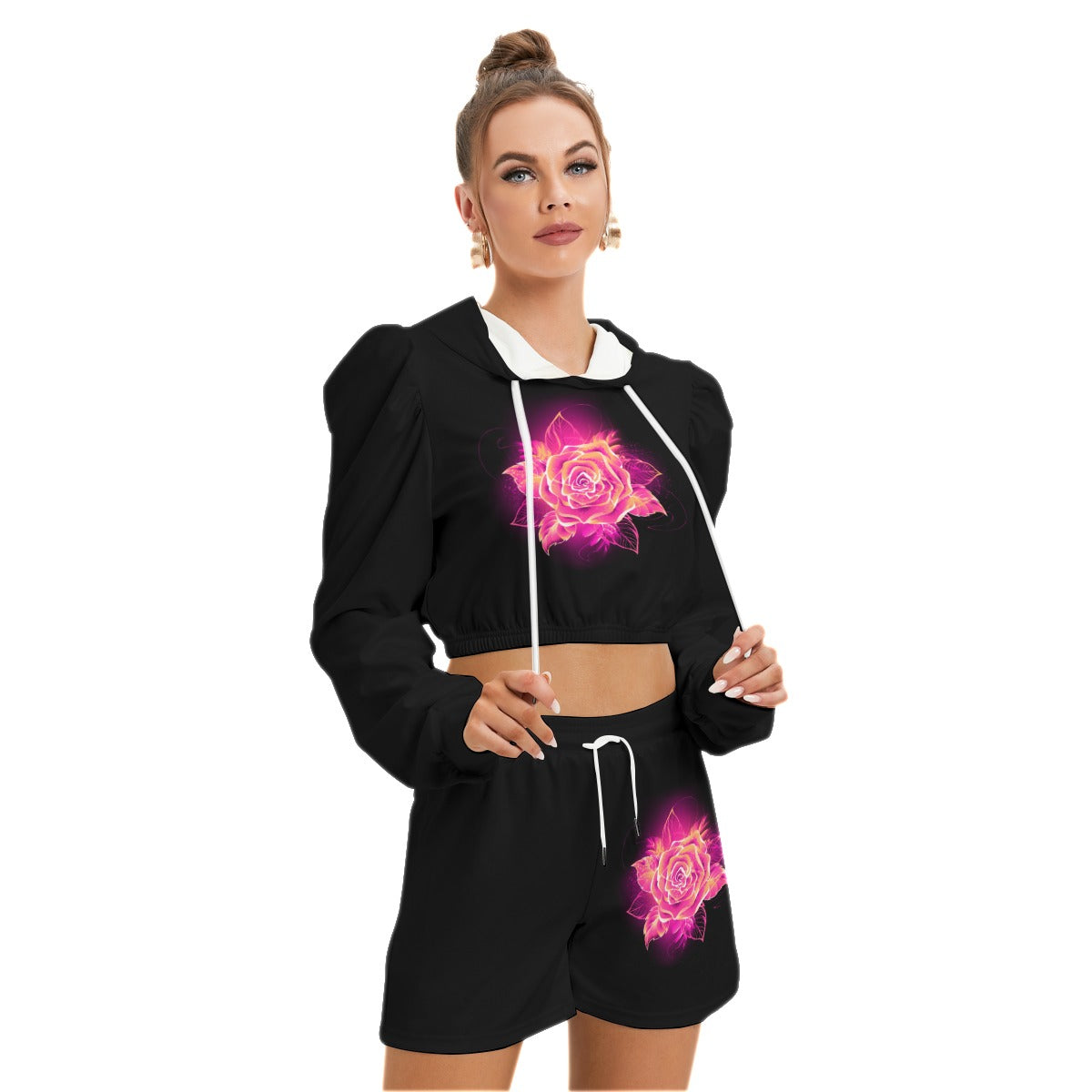 Blooming Pink Rose Women's Micro Fleece Hoodie And Shorts Set