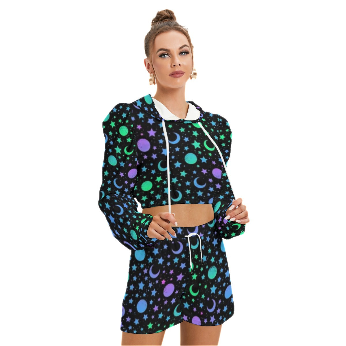 Mystical Pattern With Moon & Stars Women's Micro Fleece Hoodie And Shorts Set