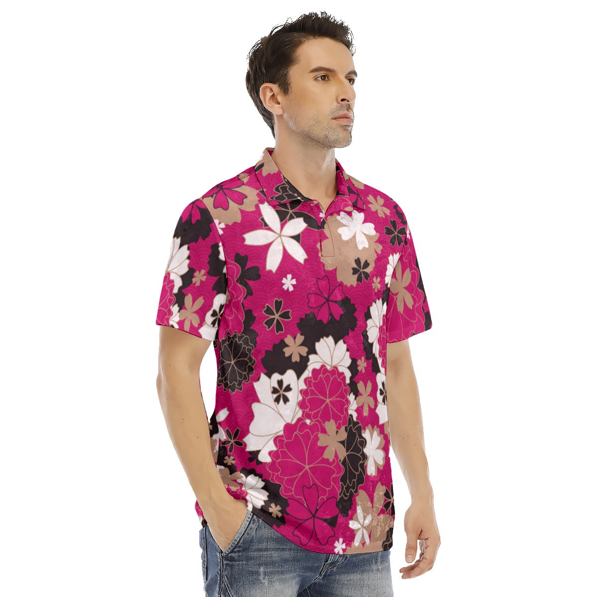 Japanese Style Flowers Men's Polo Shirt | Velvet
