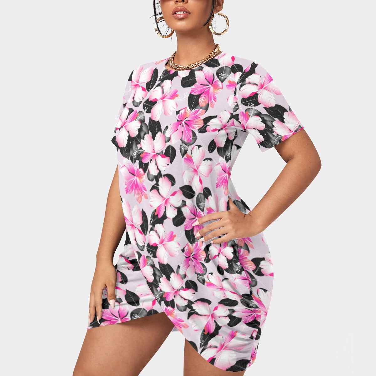 Women’s Tropic Style Stacked Hem Dress With Short Sleeve(Plus Size)