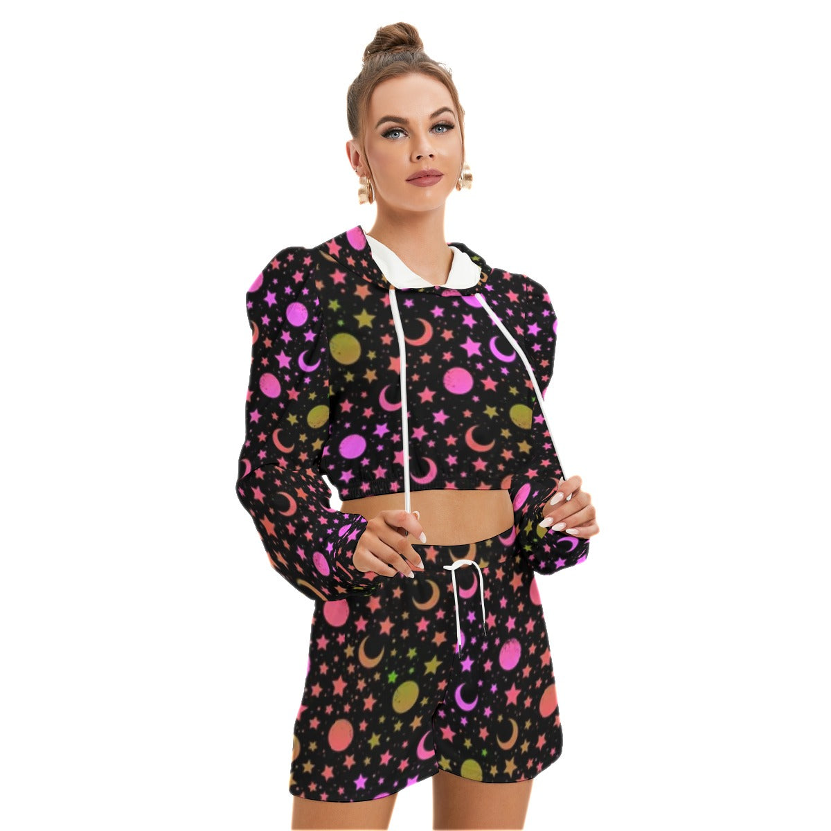 Mystical Pattern With Moon & Stars Women's Micro Fleece Hoodie And Shorts Set