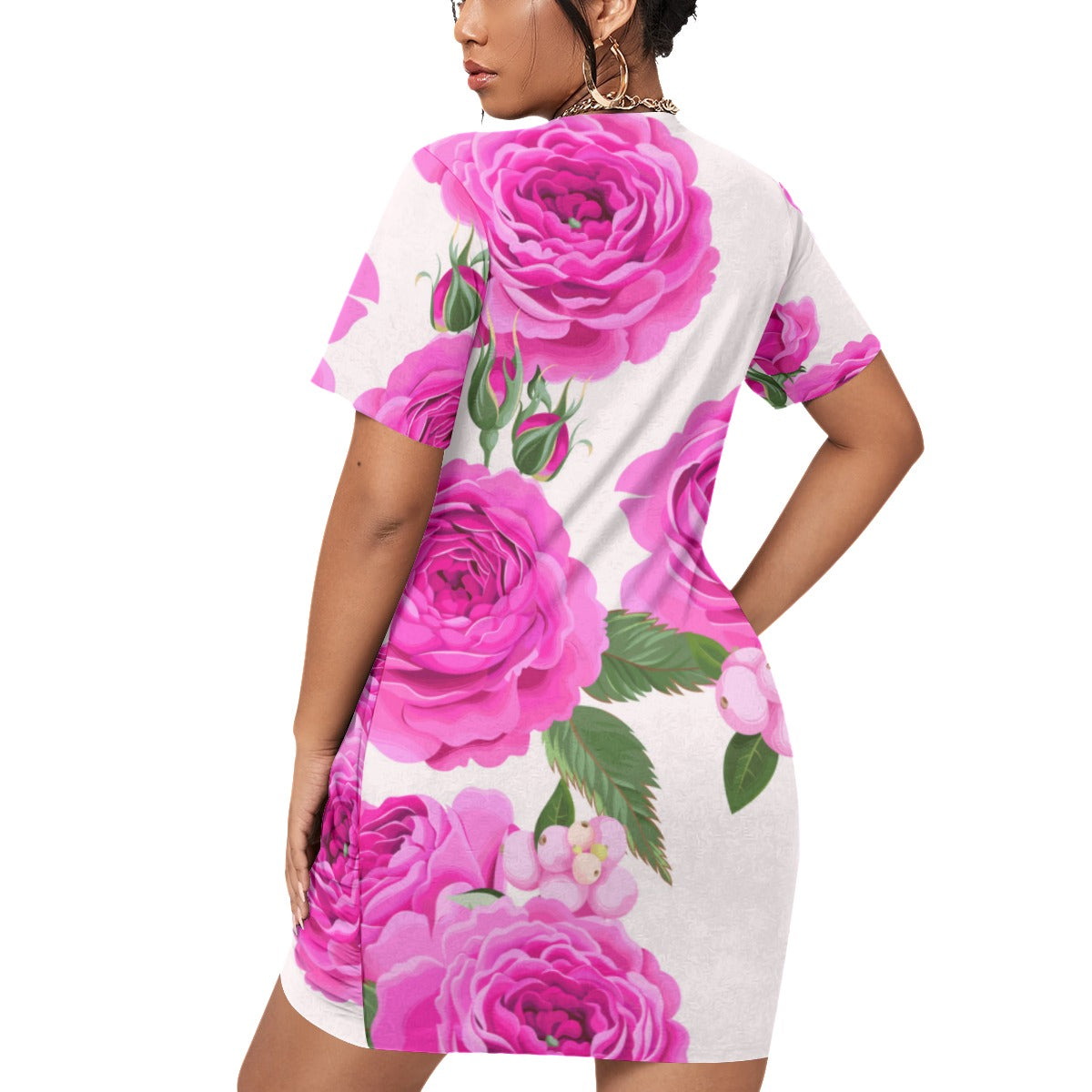 Cute Roses Women’s Stacked Hem Dress With Short Sleeve (Plus Size)