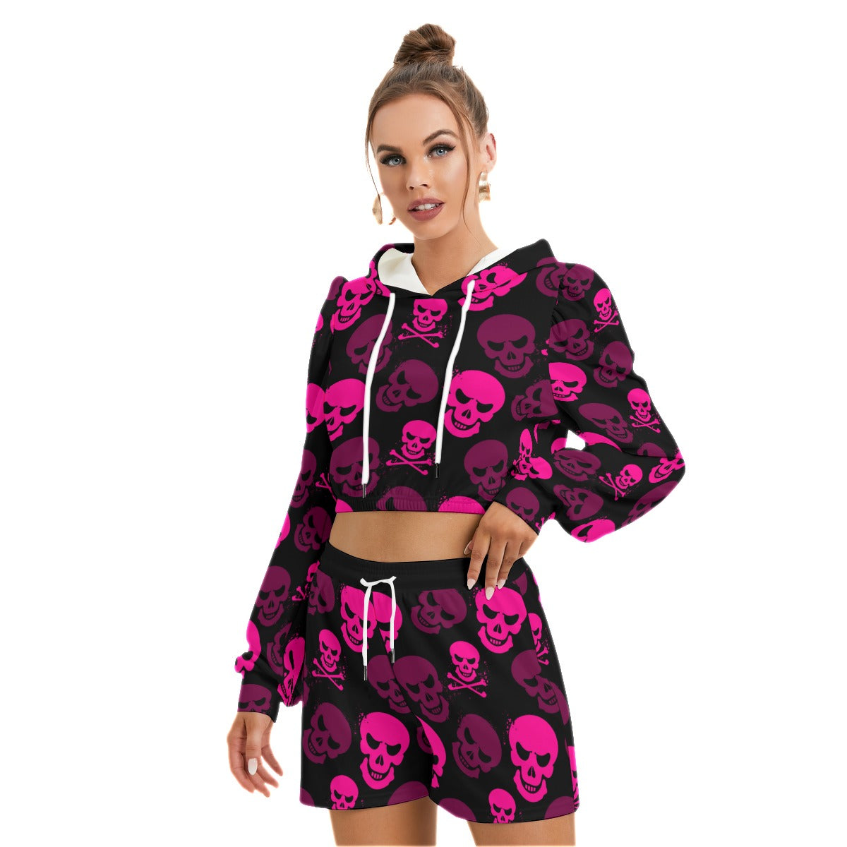 Pink Skulls Women's Micro Fleece Hoodie And Shorts Set
