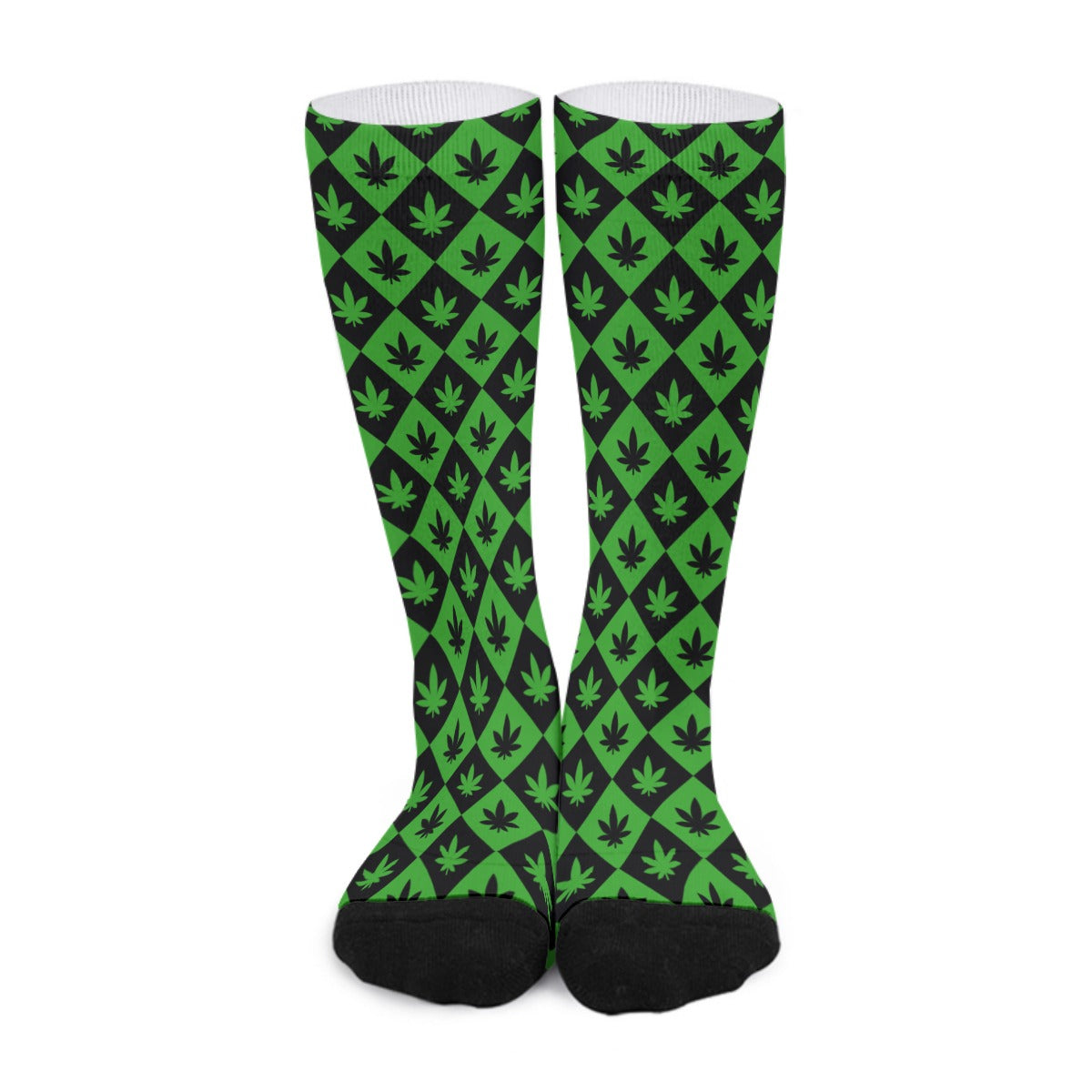 Black & Green Stoners Only Weed Leaf Checker Board Long Socks