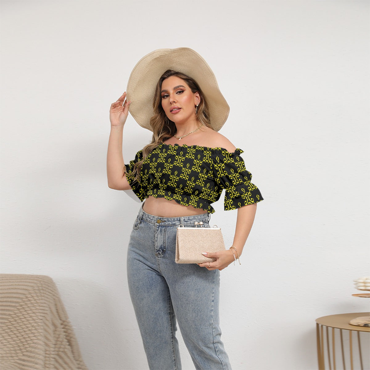 Cute Black & Yellow Women's Off-shoulder Cropped Top With Short Puff Sleeve
